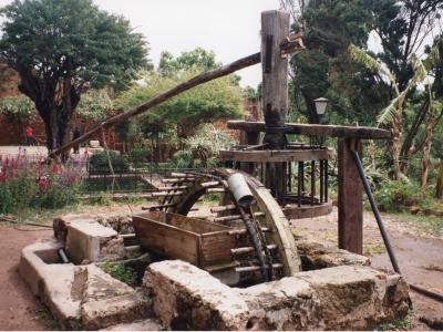 A large wooden noria (waterwheel) set within a stone basin in a garden with trees and flowers, with people walking in the background.