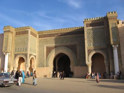 The monumental tiled Bab Mansour gate in Meknes