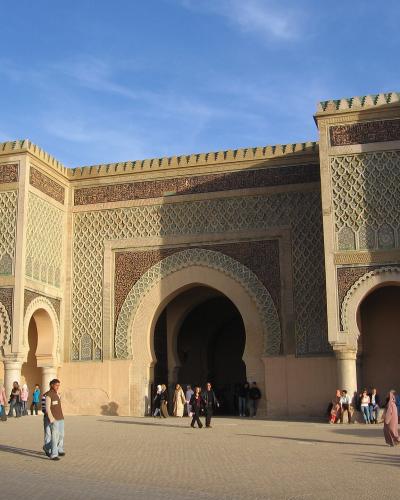 The monumental tiled Bab Mansour gate in Meknes