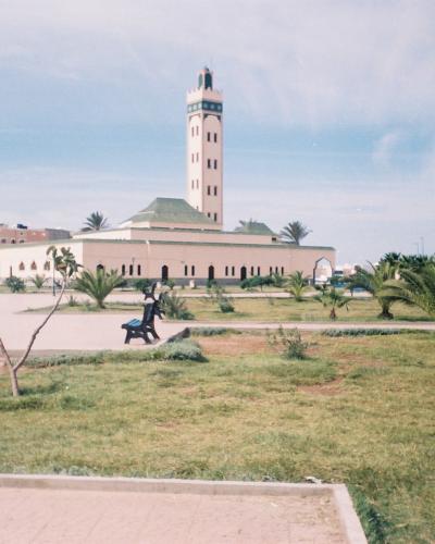 A wide-angle photograph of a large mosque with a tall, square minaret and a green-tiled roof, situated in a landscaped park area with palm trees and benches under a partly cloudy sky.