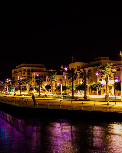 A night-time long-exposure photograph of a waterfront promenade featuring a paved walkway, a metal railing, palm trees, and multi-story buildings illuminated by streetlights and decorative purple lights, with light trails from vehicles on the road.