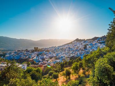 The blue medina of Chefchaouen below the Rif mountains