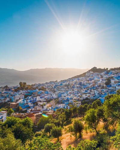 The blue medina of Chefchaouen below the Rif mountains