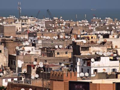 A dense urban rooftop scene filled with numerous satellite dishes, featuring weathered buildings in earth tones and a view of the sea with industrial cranes in the background.
