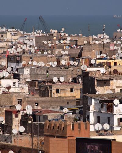 A dense urban rooftop scene filled with numerous satellite dishes, featuring weathered buildings in earth tones and a view of the sea with industrial cranes in the background.