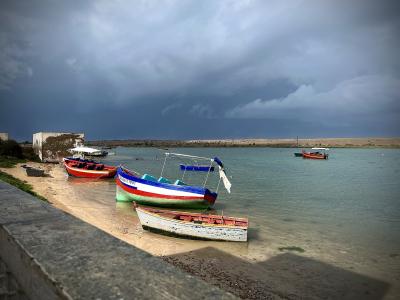 A coastal scene showing several colorful fishing boats moored in a calm lagoon or estuary under a dramatic, cloudy sky, with a sandy shore and a weathered building on the left.