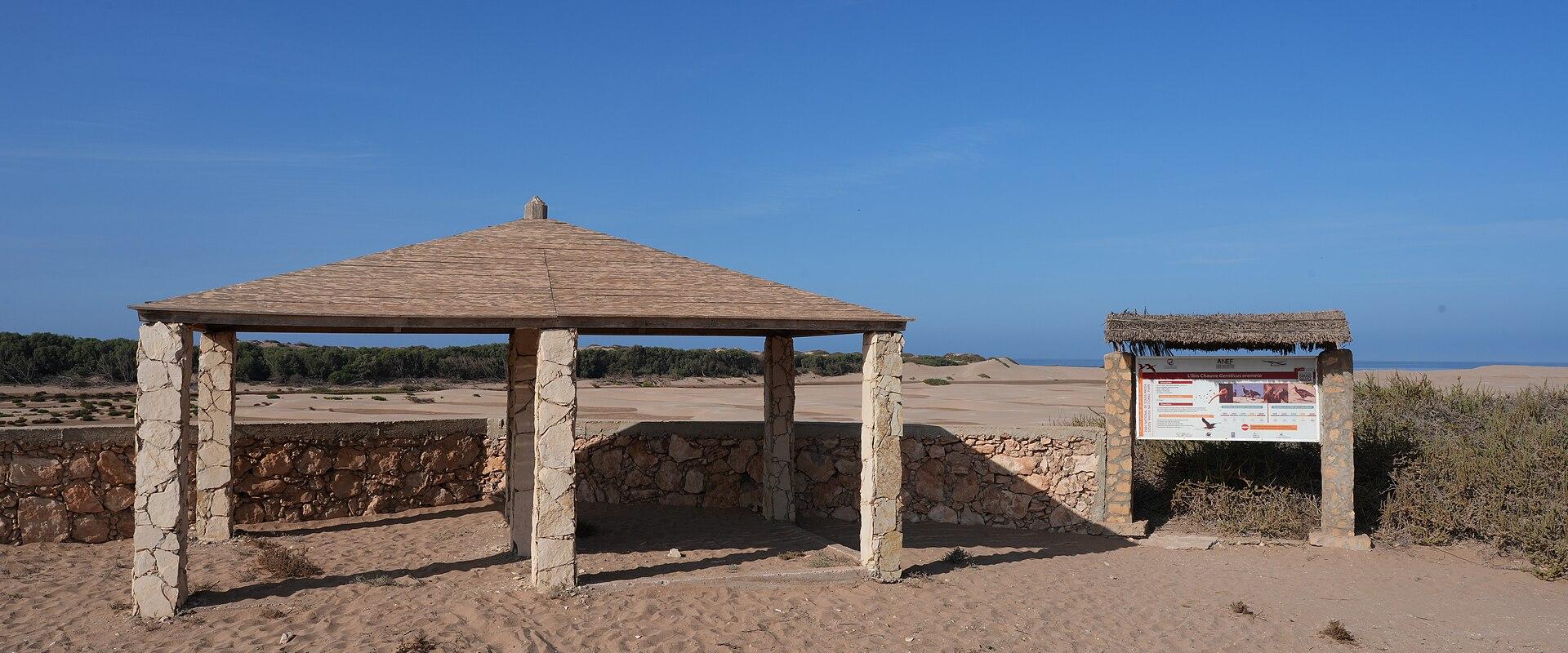 A sandy viewpoint area with a stone-pillared shelter and an information board under a thatched roof, overlooking a coastal dune landscape with vegetation and the sea in the distance.