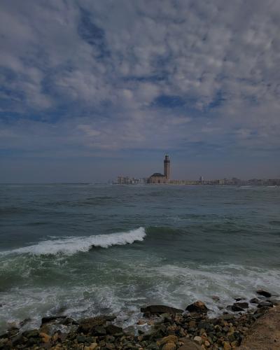 A distant view of a large mosque with a prominent minaret situated on a promontory extending into the ocean, with a city skyline in the background and a rocky shoreline in the foreground.