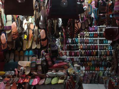 Rows of leather slippers at a shop in the Taroudant souk