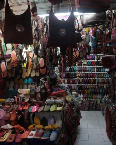 Rows of leather slippers at a shop in the Taroudant souk