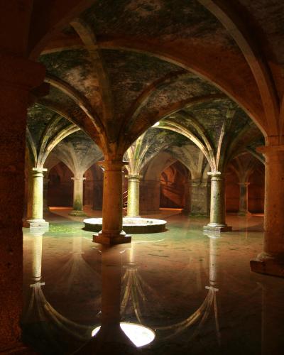 An underground vaulted cistern with a grid of stone columns supporting ribbed vaults, filled with still water that reflects the architecture and light shafts from above.