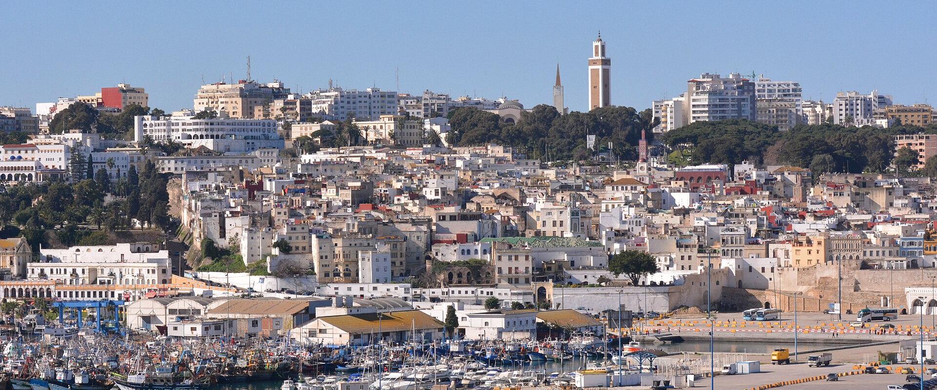 A panoramic view of a densely built coastal city with a large harbor filled with fishing boats and yachts in the foreground, rising up a hillside of white and beige buildings, with a prominent minaret visible in the background skyline.