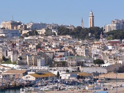A panoramic view of a densely built coastal city with a large harbor filled with fishing boats and yachts in the foreground, rising up a hillside of white and beige buildings, with a prominent minaret visible in the background skyline.