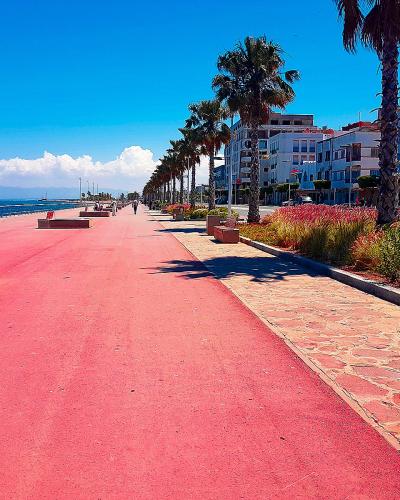 A wide, bright red paved promenade runs along a coastline with palm trees, benches, and multi-story buildings on the right, under a clear blue sky with a Moroccan flag visible on a building.