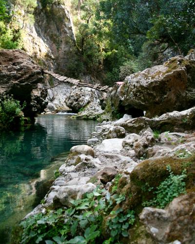 A rustic wooden plank bridge spanning a clear, turquoise river gorge surrounded by rocky cliffs and dense green vegetation.
