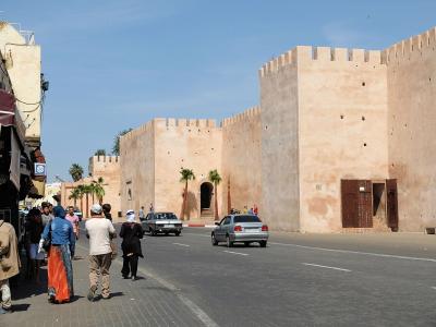 A street scene showing a long, high, crenellated earthen wall with a central arched gateway flanked by palm trees, alongside a paved road with pedestrians and cars.