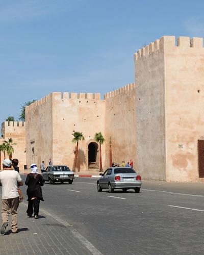 A street scene showing a long, high, crenellated earthen wall with a central arched gateway flanked by palm trees, alongside a paved road with pedestrians and cars.