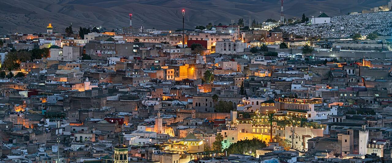 The lights of the Fes medina at blue hour