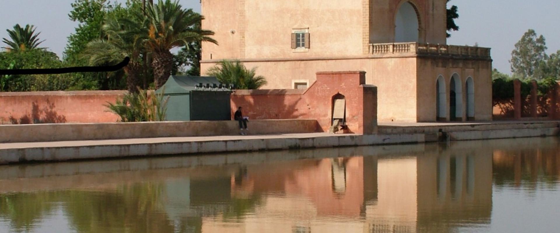 A large rectangular reflecting pool in the foreground with a two-story, ochre-colored pavilion featuring a green-tiled hip roof and arched openings on the right side, surrounded by palm trees and other vegetation under a clear blue sky.
