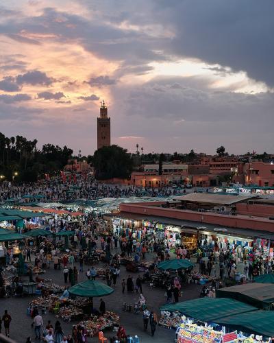 Jemaa el-Fnaa square at dusk with the Koutoubia minaret, Marrakesh