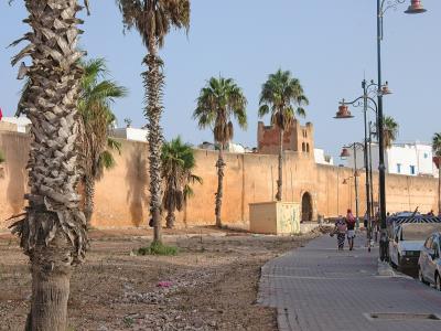A view of a tall, ochre-colored earthen rampart wall with a tower and arched gateway, lined with palm trees and a paved promenade in the foreground.