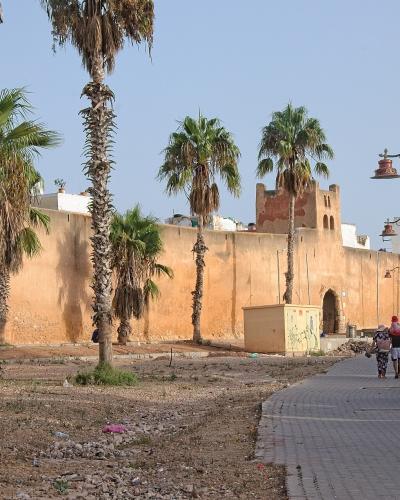 A view of a tall, ochre-colored earthen rampart wall with a tower and arched gateway, lined with palm trees and a paved promenade in the foreground.